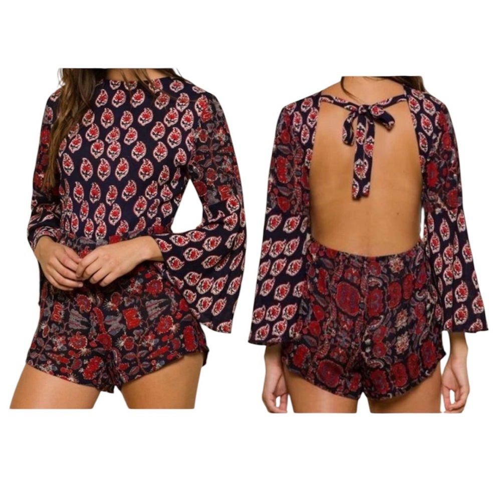 Raga Endless Love Navy Paisley Boho Bell Sleeve Romper Size M